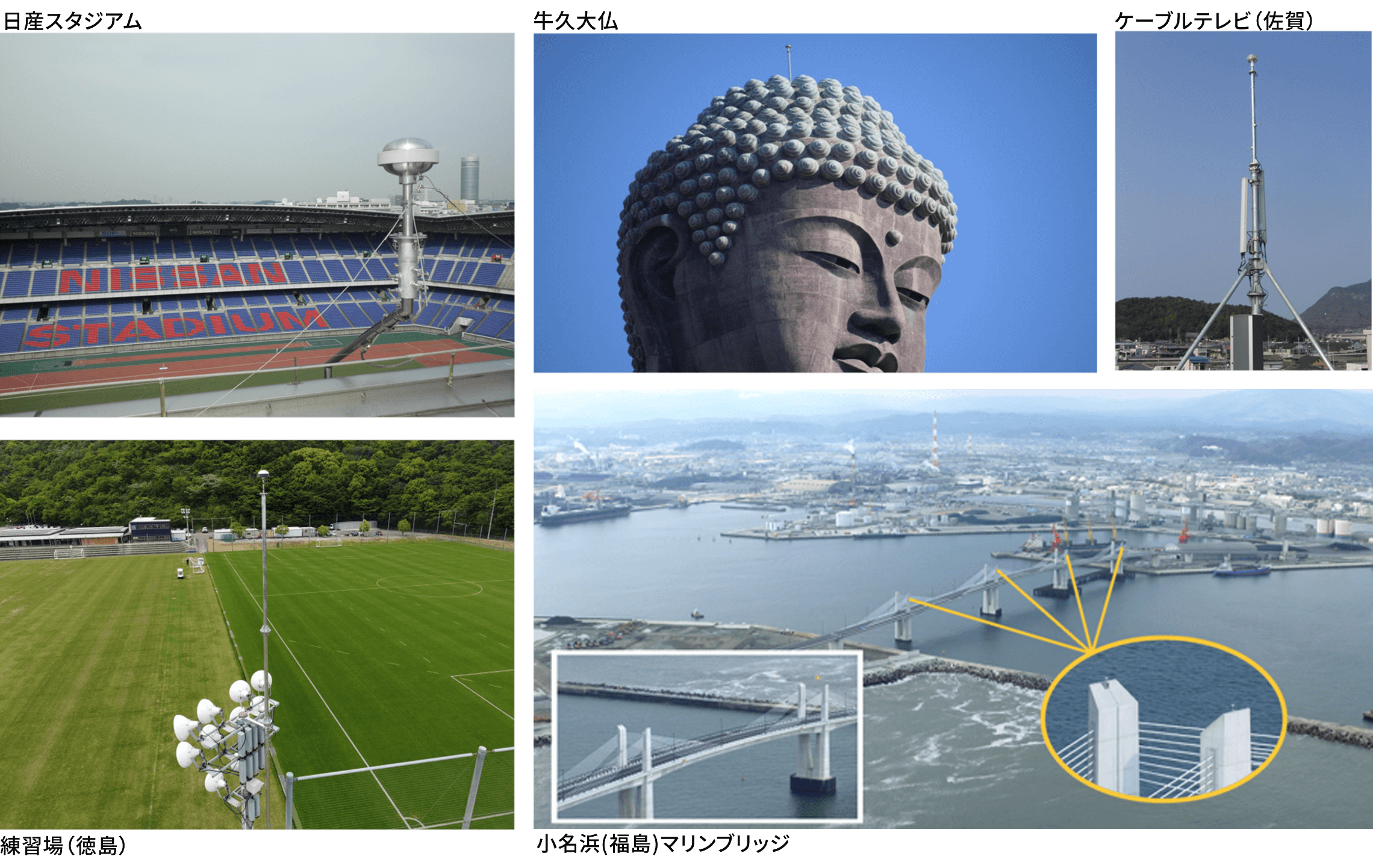 画像:日産スタジアム 牛久大仏 ケーブルテレビ局(佐賀) 練習場(徳島) 小名浜(福島)マリンブリッジ