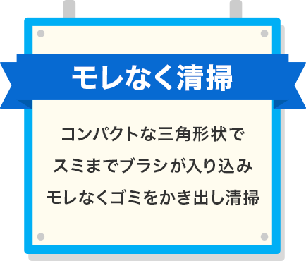 管理された清掃 コンパクトな三角形状で スミまでブラシが入り込み モレなくゴミをかき出し清掃